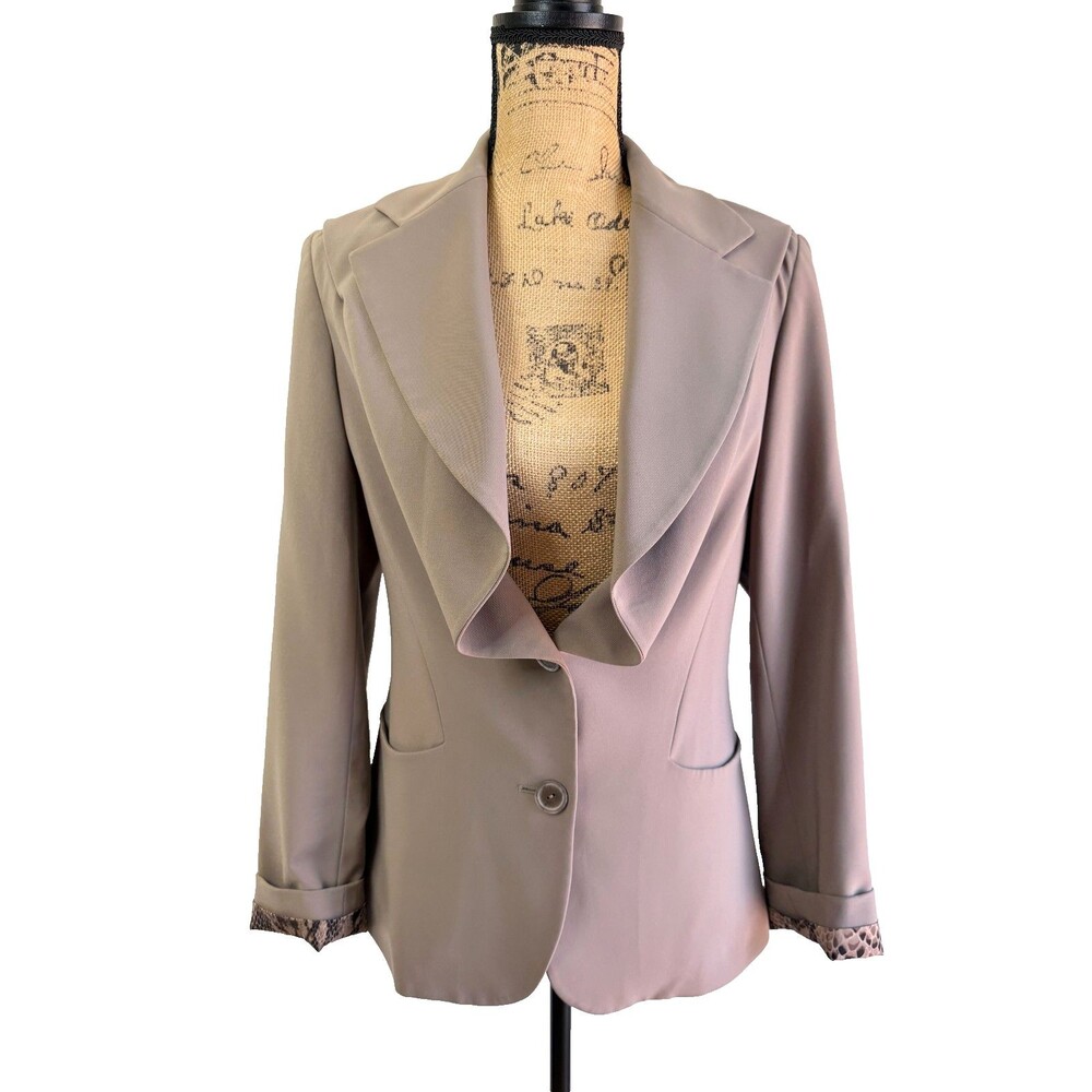 Etcetera Taupe Draped Shawl Collar Blazer Jacket Snake Print Lined Stretch Sz 2